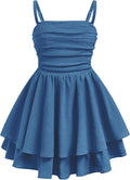 Girls Ruffled Flowy Ruched Spaghetti Strap Dress - Teen Homecoming