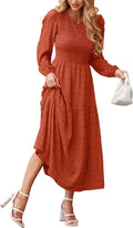 Puff Long Sleeve Smocked Tiered Maxi Dress - Flowy Boho Fall Wear 4-6