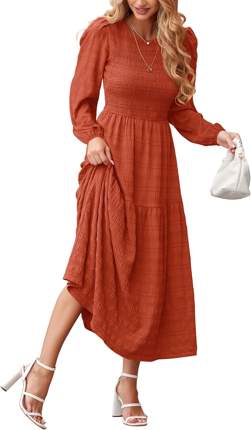 Dowerme Women's Puff Long Sleeve A-Line Maxi Dress for Fall