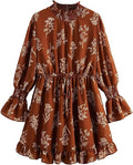 Floerns Mock Neck Long Sleeve Floral Ruffle Short Dress - Feminine Fit