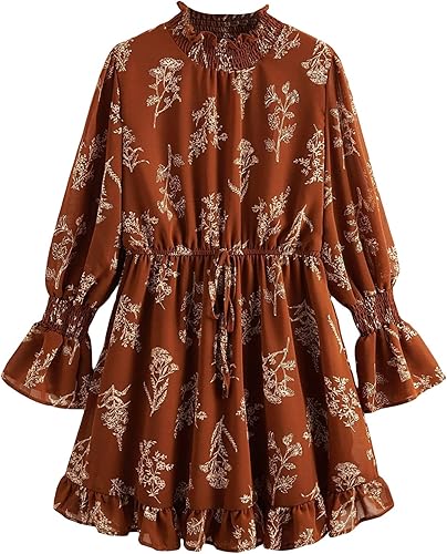 Floerns Women's Mock Neck Long Sleeve Floral Print Ruffle Dress