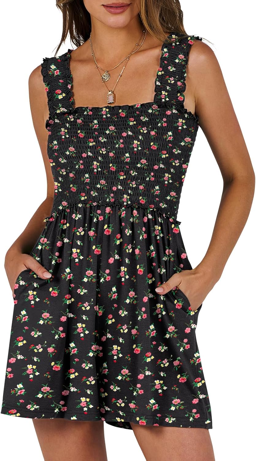 Caracilia Women's Summer Casual Smocked Rompers for Beach Fun