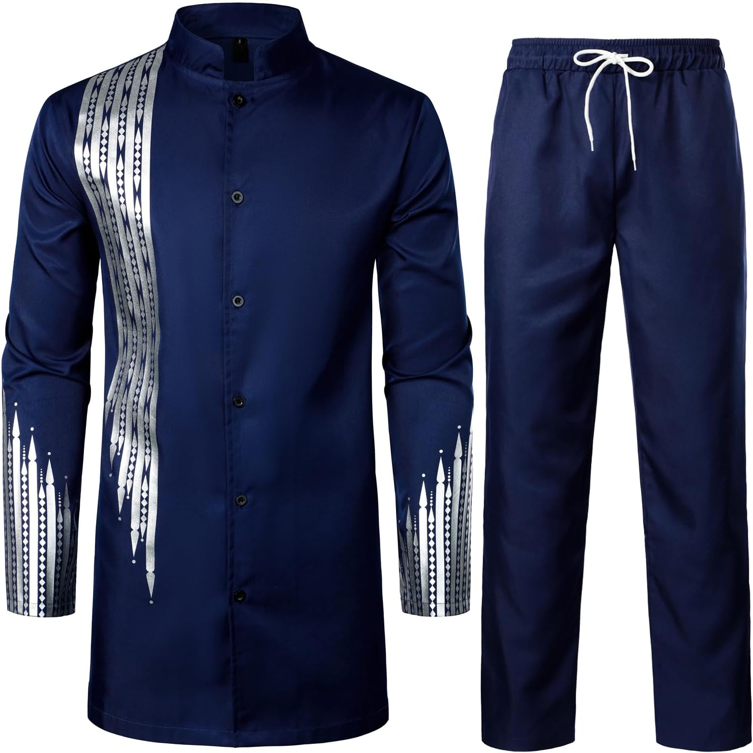 ZEROYAA Men's Traditional Suit Long Sleeve African Dashiki Set