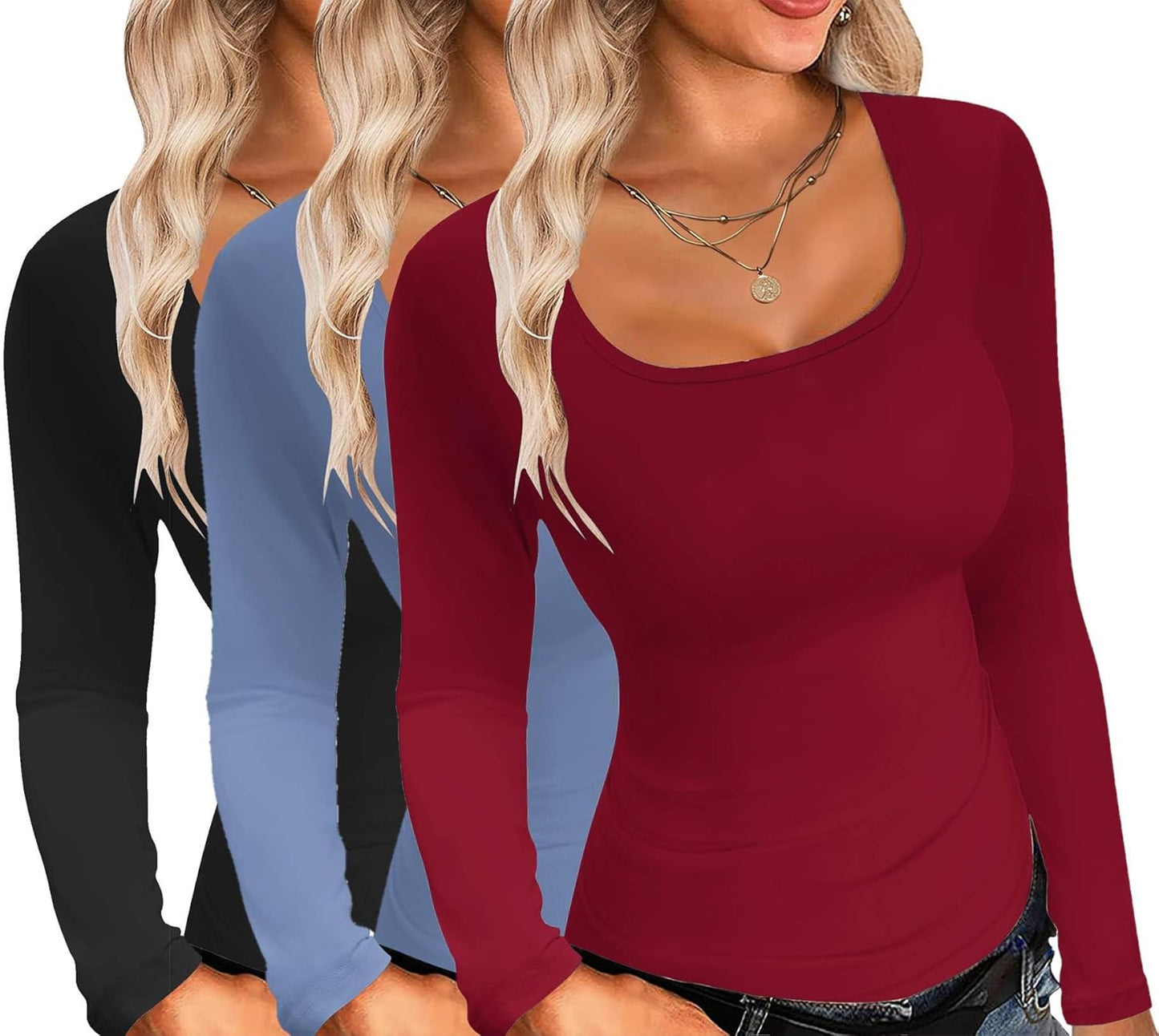 Ekouaer Womens Long Sleeve Square Neck Thermal Shirts 3 Pack