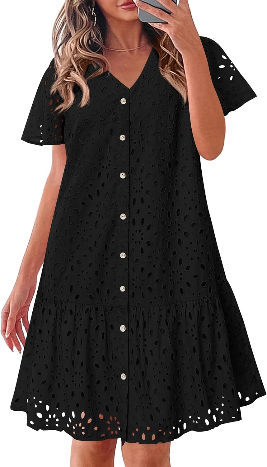 KIRUNDO Summer Dresses for Women 2025 Eyelet Button Down V Neck