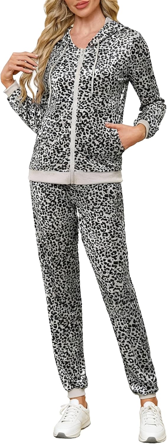 Womens 2 Piece Sweatsuits Set Velvet Long Sleeve Zip Up Tracksuit