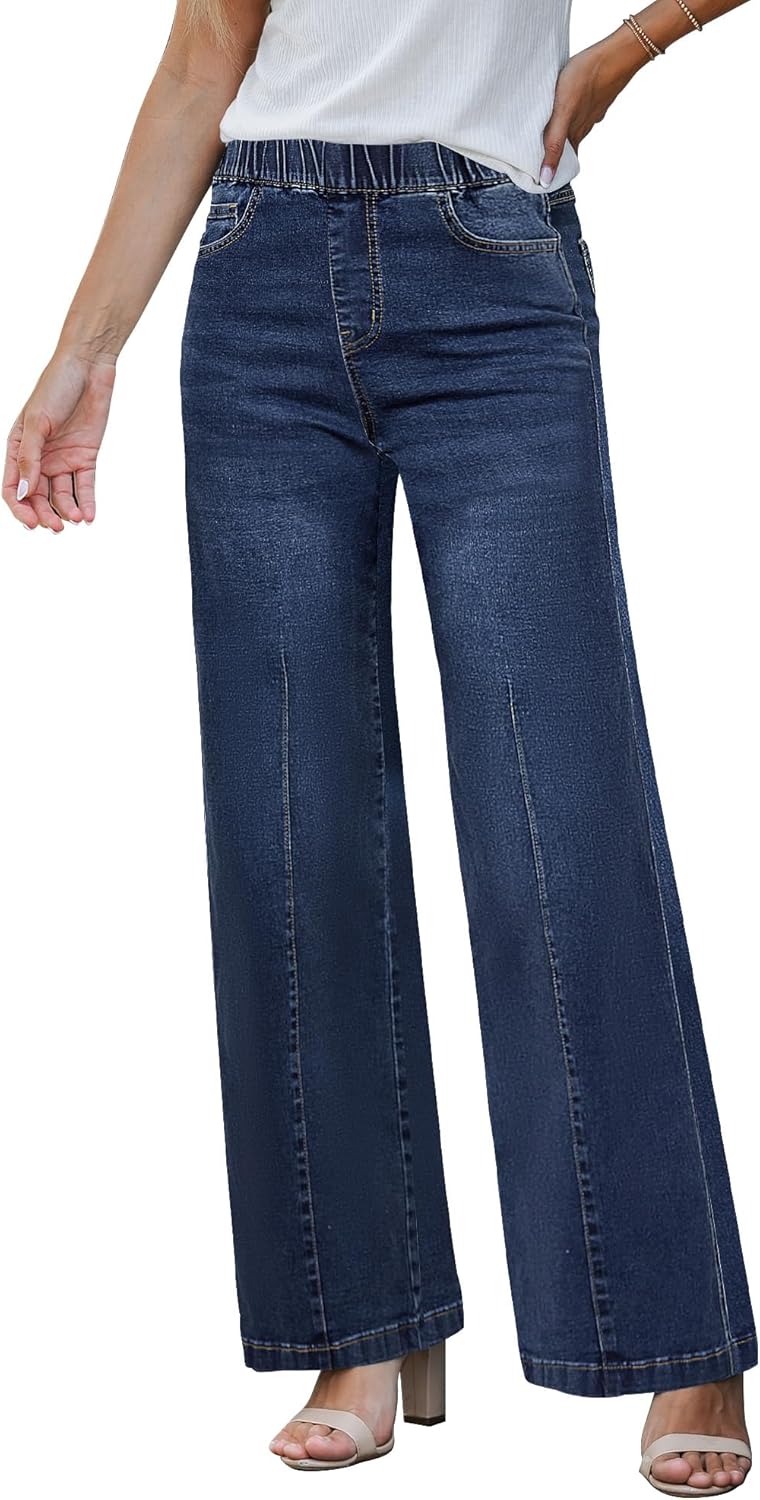 GRAPENT Pull On Womens Jeans Baggy Stretchy High Waisted Denim