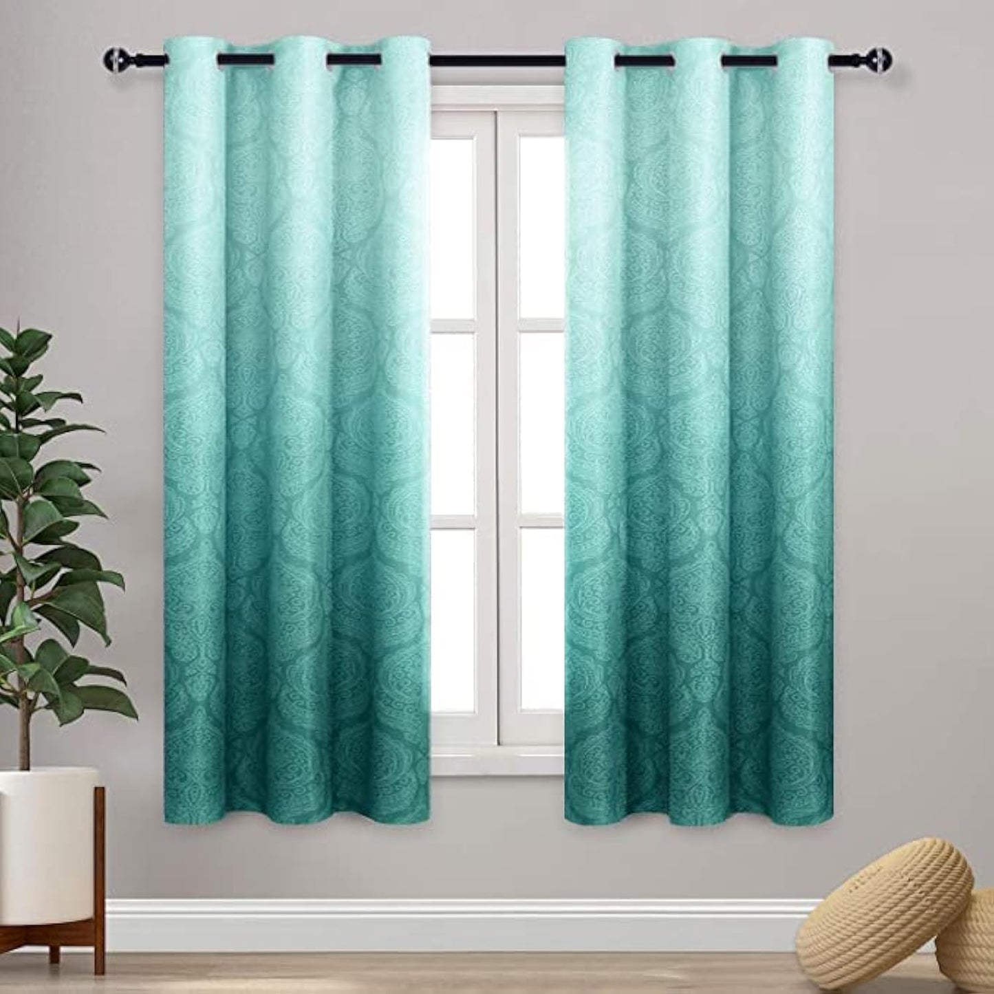 Teal Ombre Curtains for Bedroom - Stylish Damask Patterned Panels