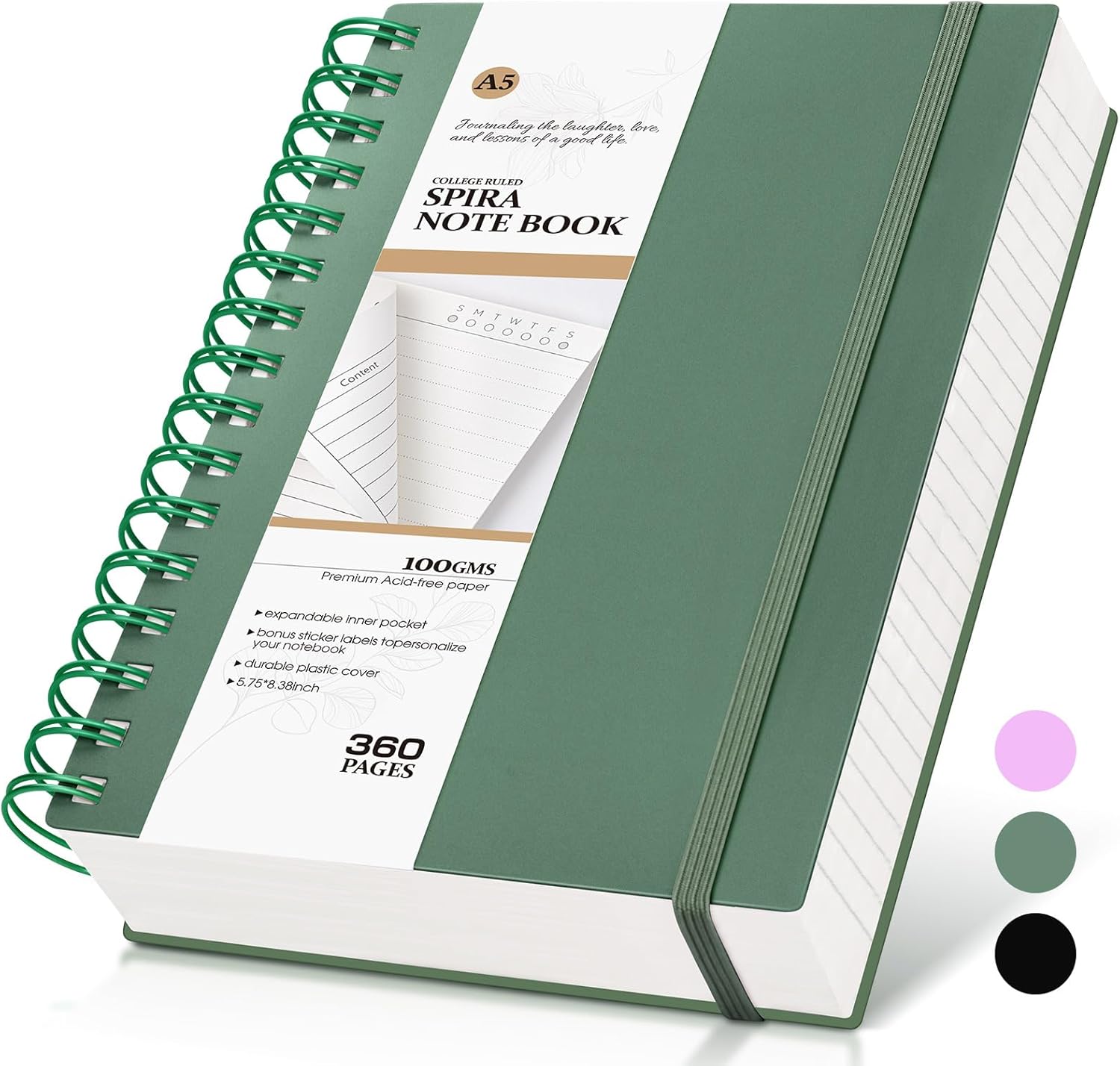 High-Quality A5 Spiral Journal, 360pg College Ruled Notebook, 5.5x8.5, 100GSM Paper, Green