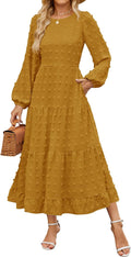 Women's Fall Long Sleeve Swiss Dot Maxi Dress - Flowy Tiered A-Line