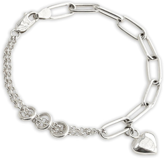 925 Sterling Silver Paperclip Bracelet with Puff Heart Charm