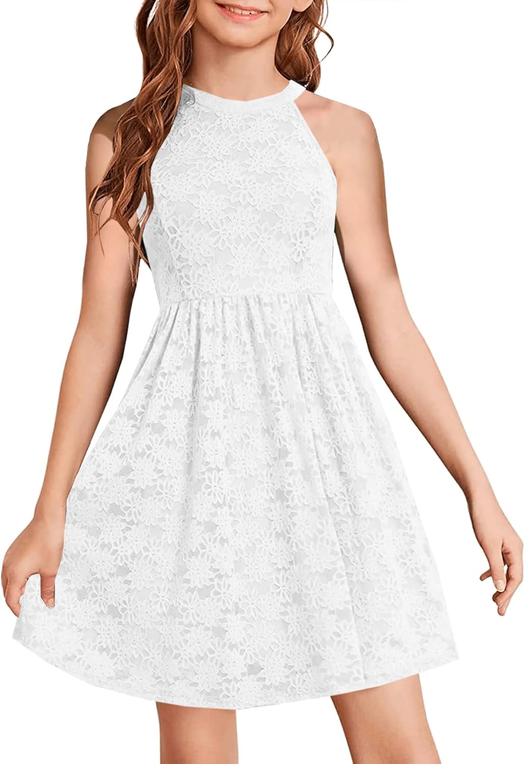 Elegant Floral Lace A-line Flared Swing Dress for Girls 6-12