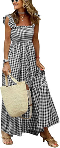Retro Plaid Smocked Dress Spaghetti Strap Flounce Long Dress Jewelry