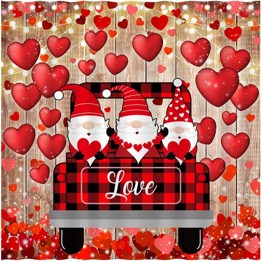 Romantic Truck Gnomes Valentine's Shower Curtain - Waterproof Fabric with 12 Hooks