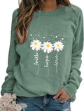 Women Crewneck Daisy Print Long Sleeve Sweatshirt - Faith Hope Love