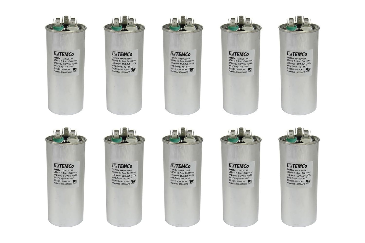 10 Pack TEMCo 55+7.5 uF Dual Run Capacitor for HVAC Applications