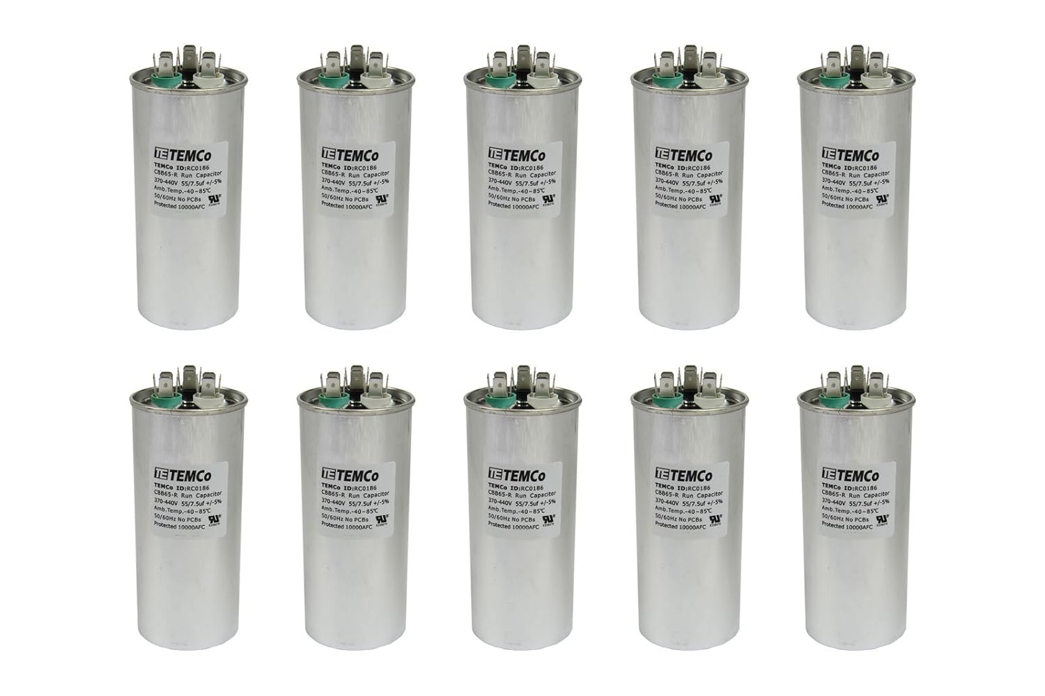 10 Pack TEMCo 55+7.5 uF Dual Run Capacitor for HVAC Applications