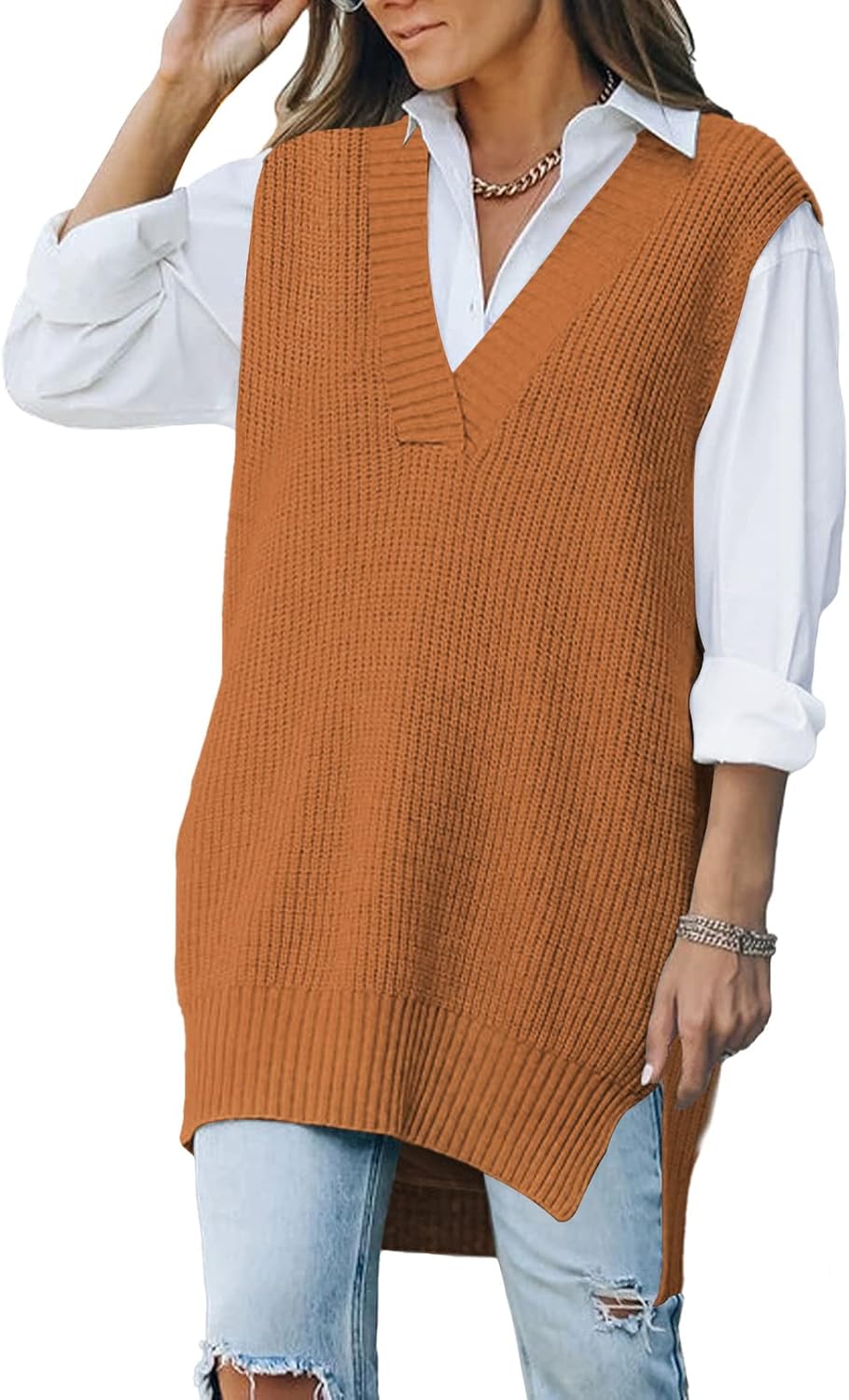 Viottiset Women's Oversized V Neck Knit Sweater Vest Tunic