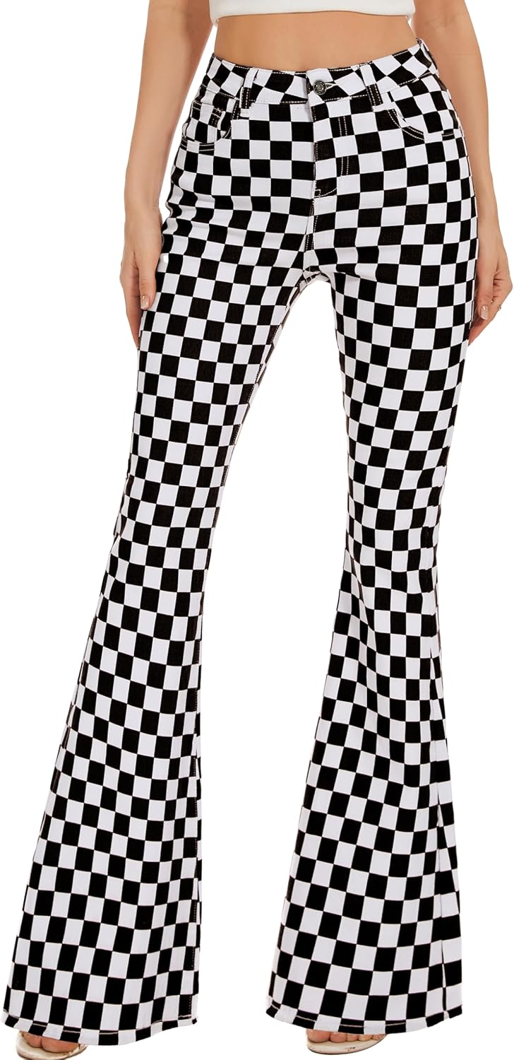 High Waisted Plaid Bell Bottom Jeans for Women - Stylish Flare