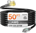 12/3 50 ft Heavy Duty Outdoor Extension Cord - Waterproof, Lighted End