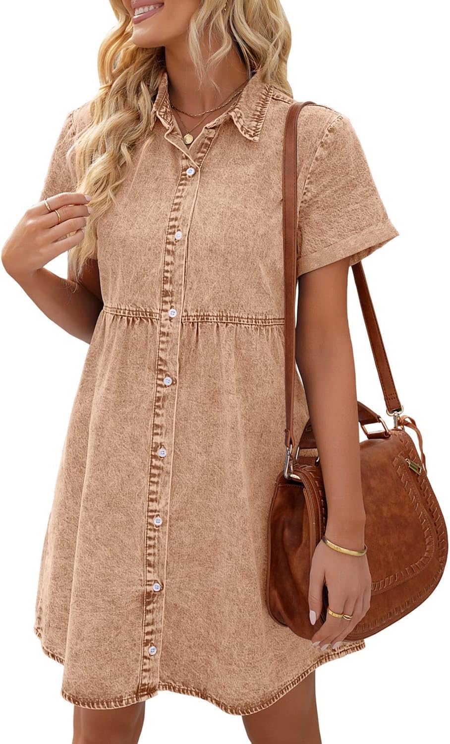 LookbookStore Women's Short Sleeve Button Down Denim Dress