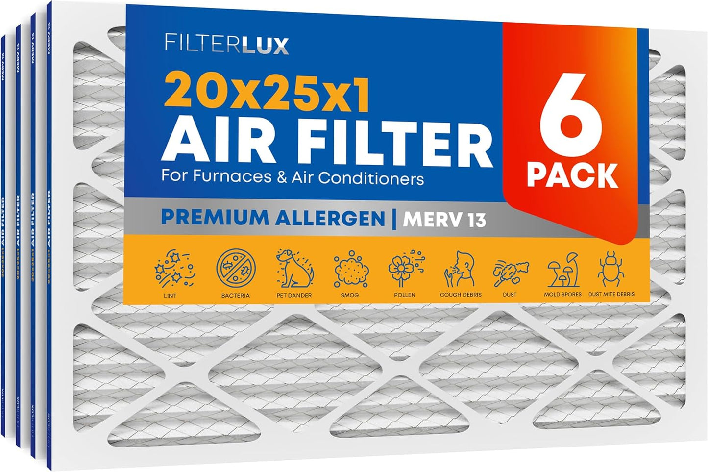 Filterlux 20x25x1 MERV 13 Electrostatic Air Filters - 6-Pack!