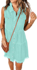 Women Casual Summer Lapel Sleeveless Short Denim Jean Dress