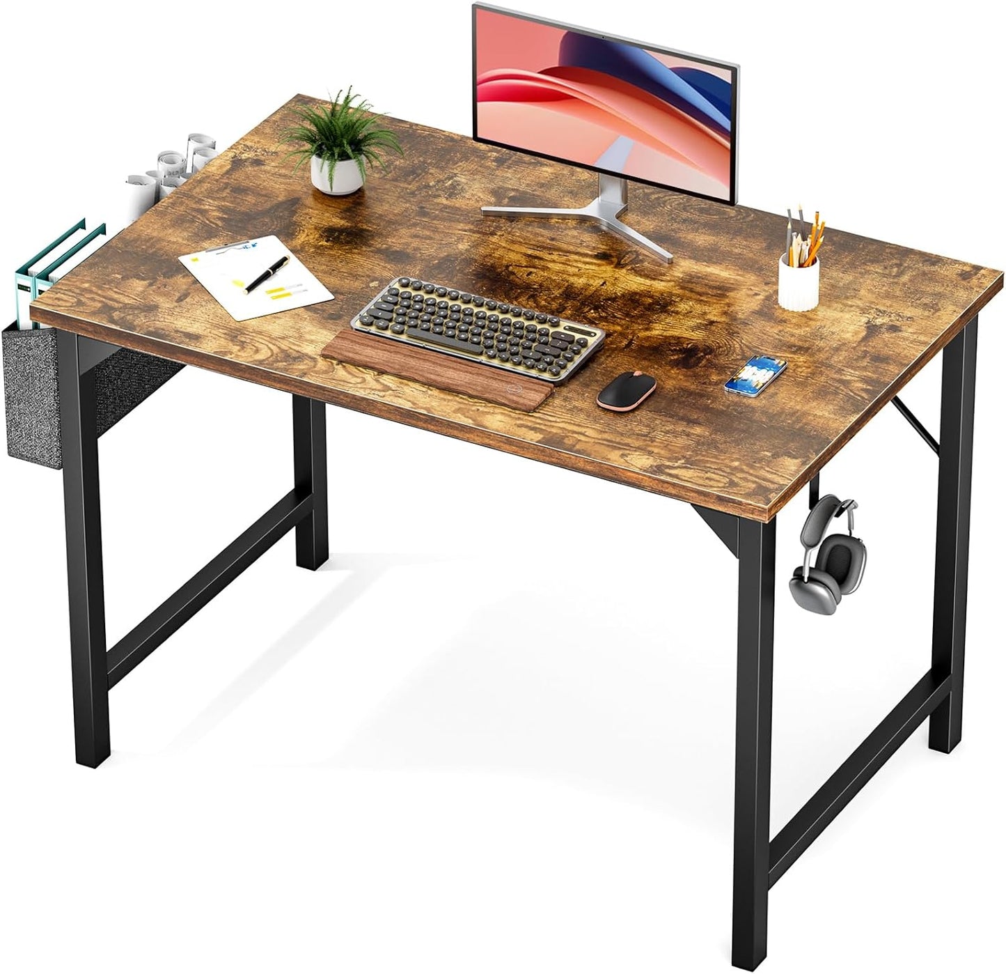 Modern Small Office Desk with Storage & Hooks - Brown