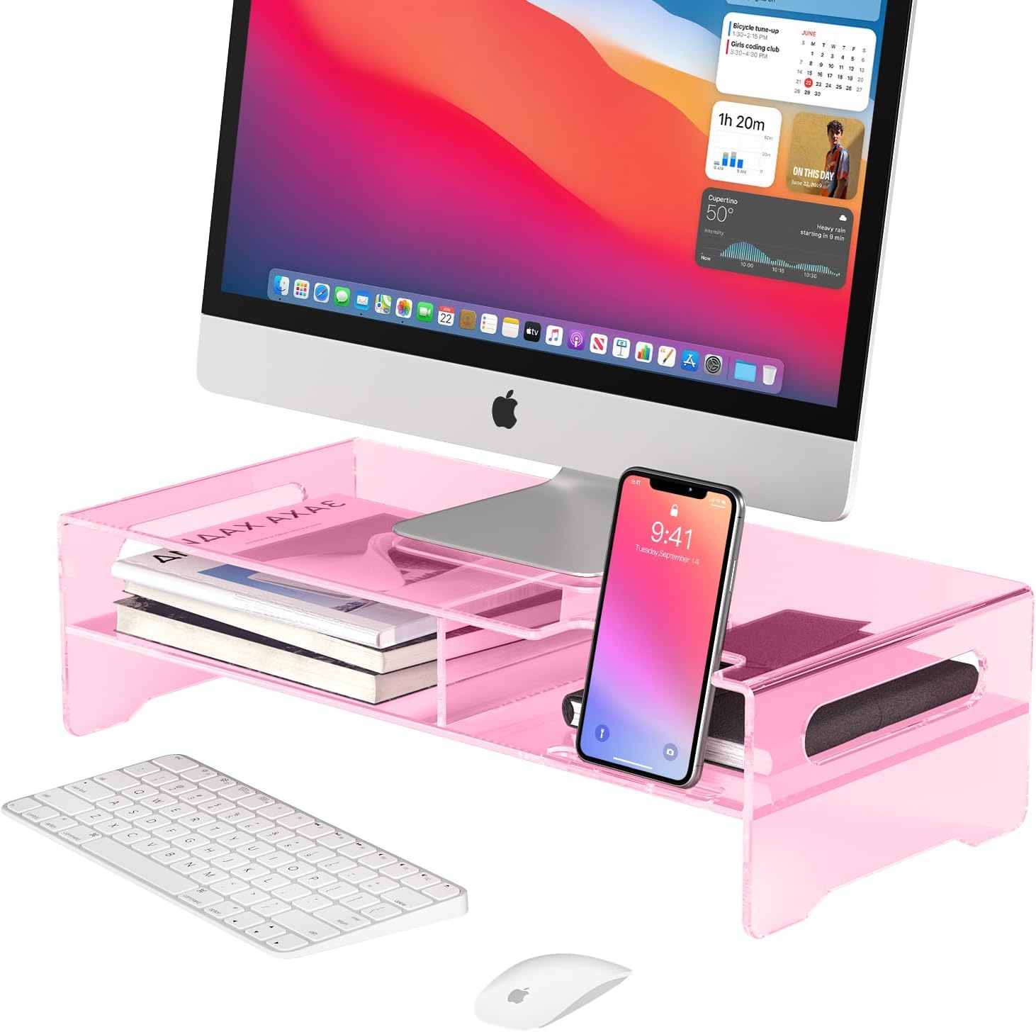 Pink Acrylic Monitor Stand Riser for Desk Organization and Style
