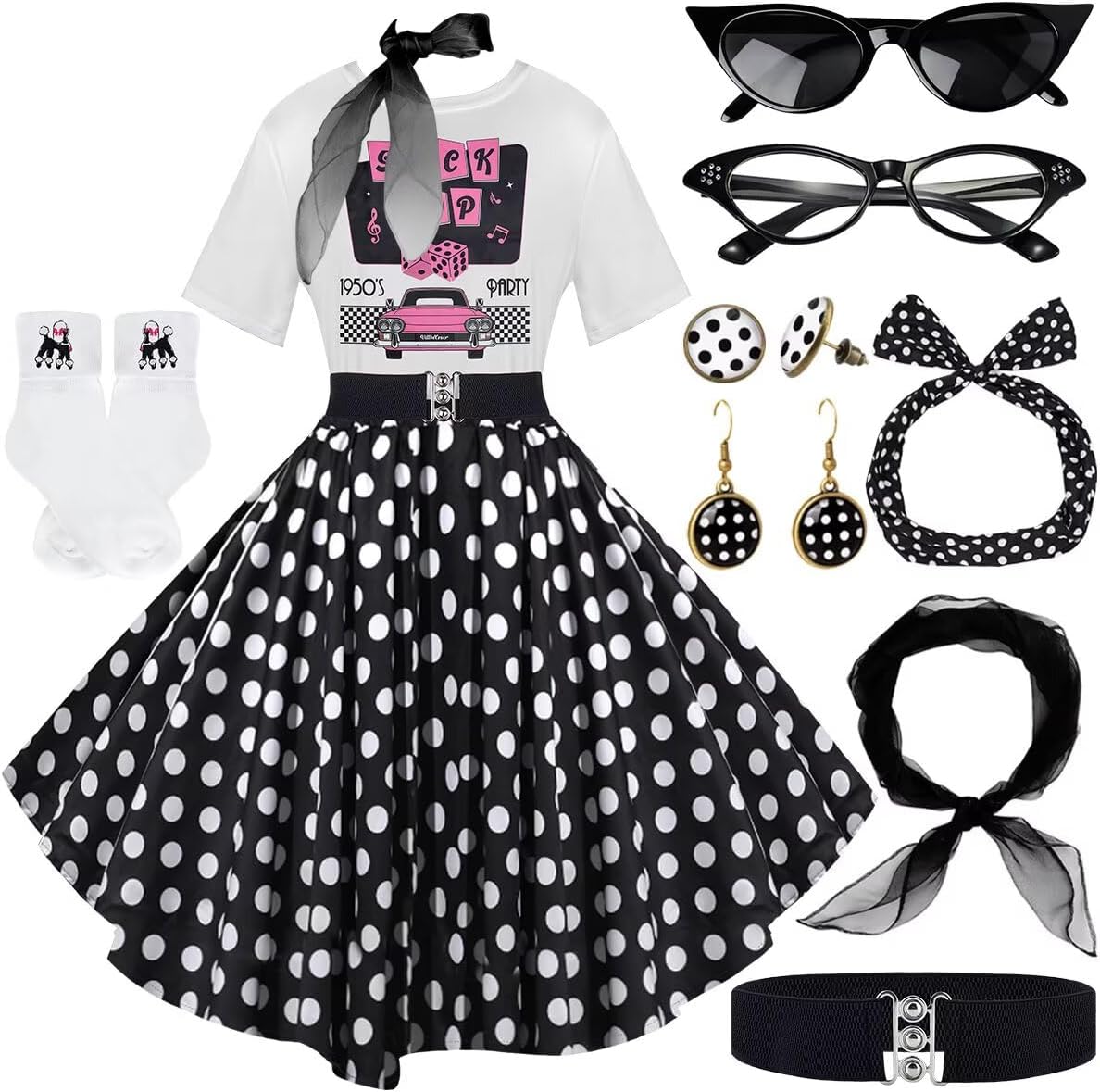 10Pcs Sock Hop Outfits Women with 1950s Poodle Skirts
