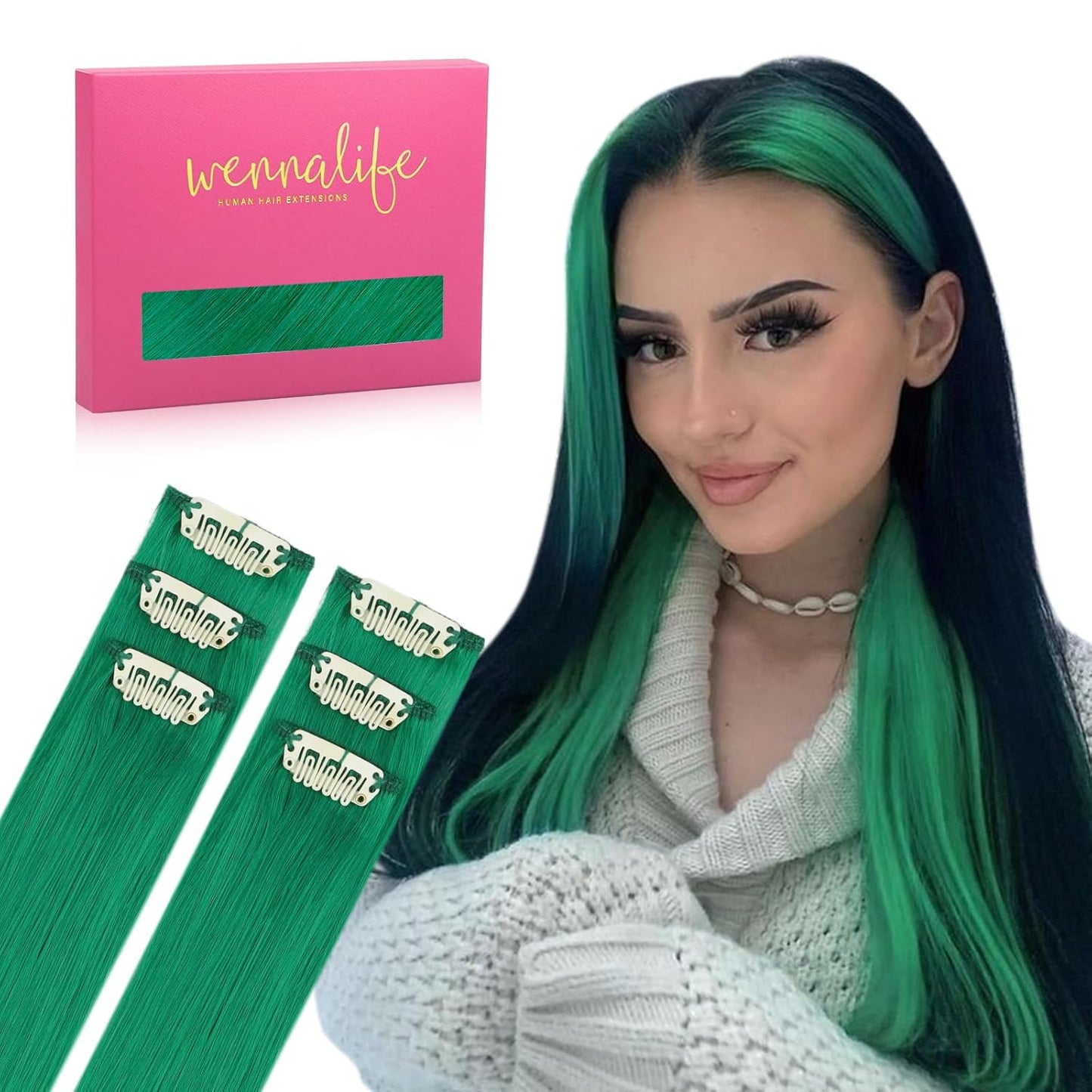 WENNALIFE Green Clip in Hair Extensions for Colorful Styles
