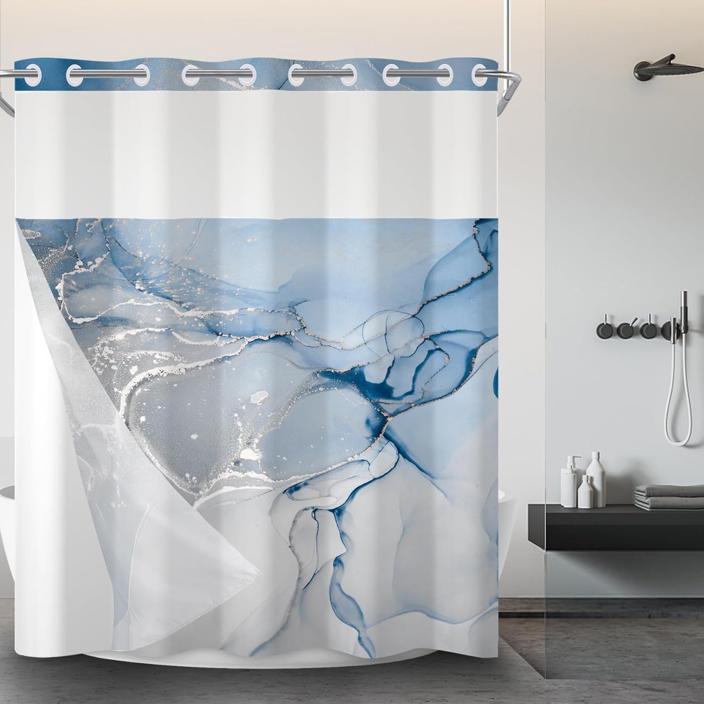 AWERT Blue Marble Shower Curtain Set - Double Layers, Waterproof
