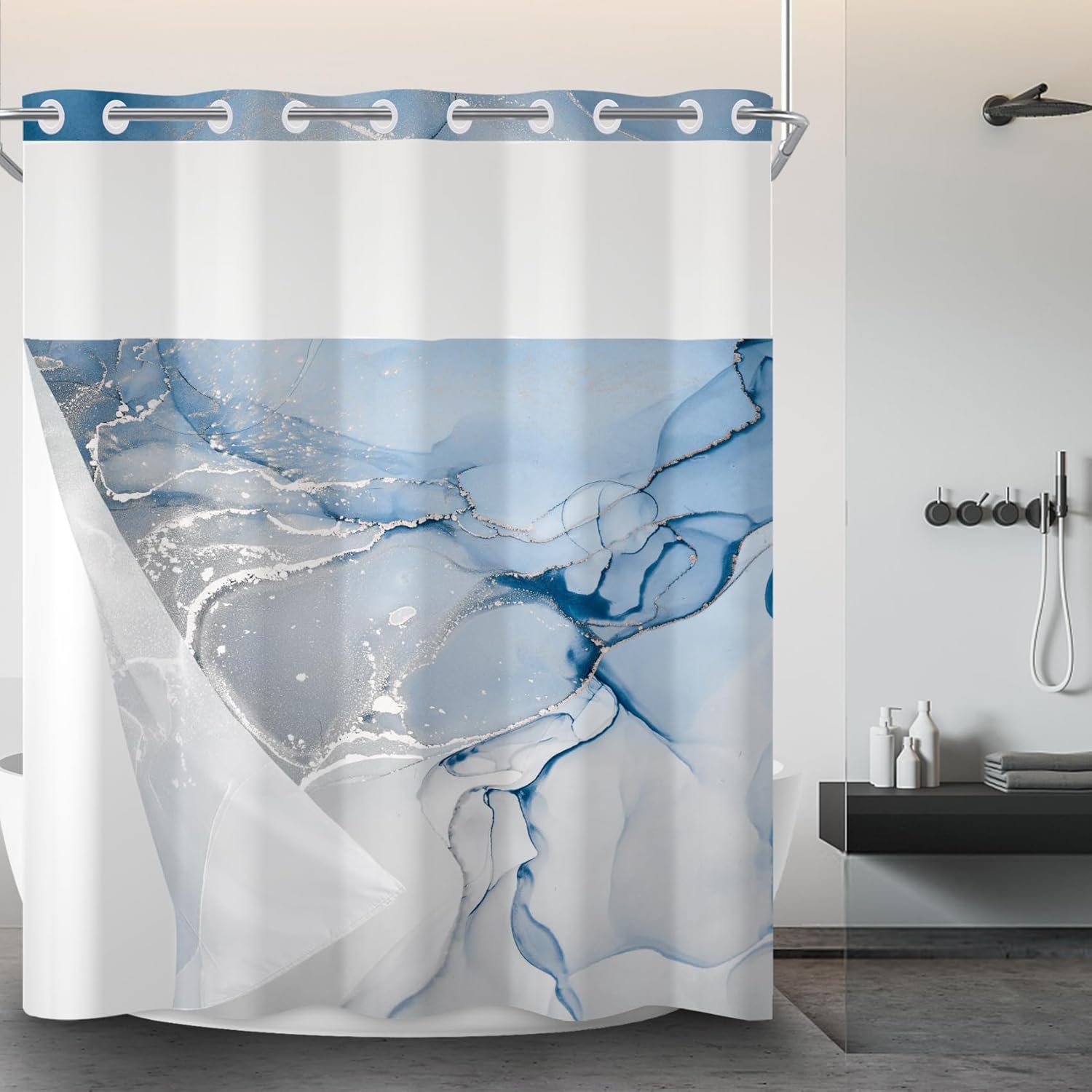 AWERT Blue Marble Shower Curtain Set - Double Layers, Waterproof