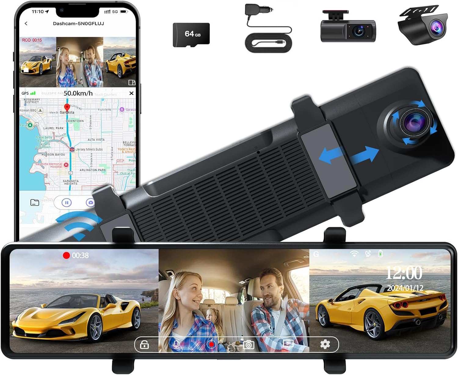 3 Channel Mirror Dash Cam with 4K Front and 1080P Cameras