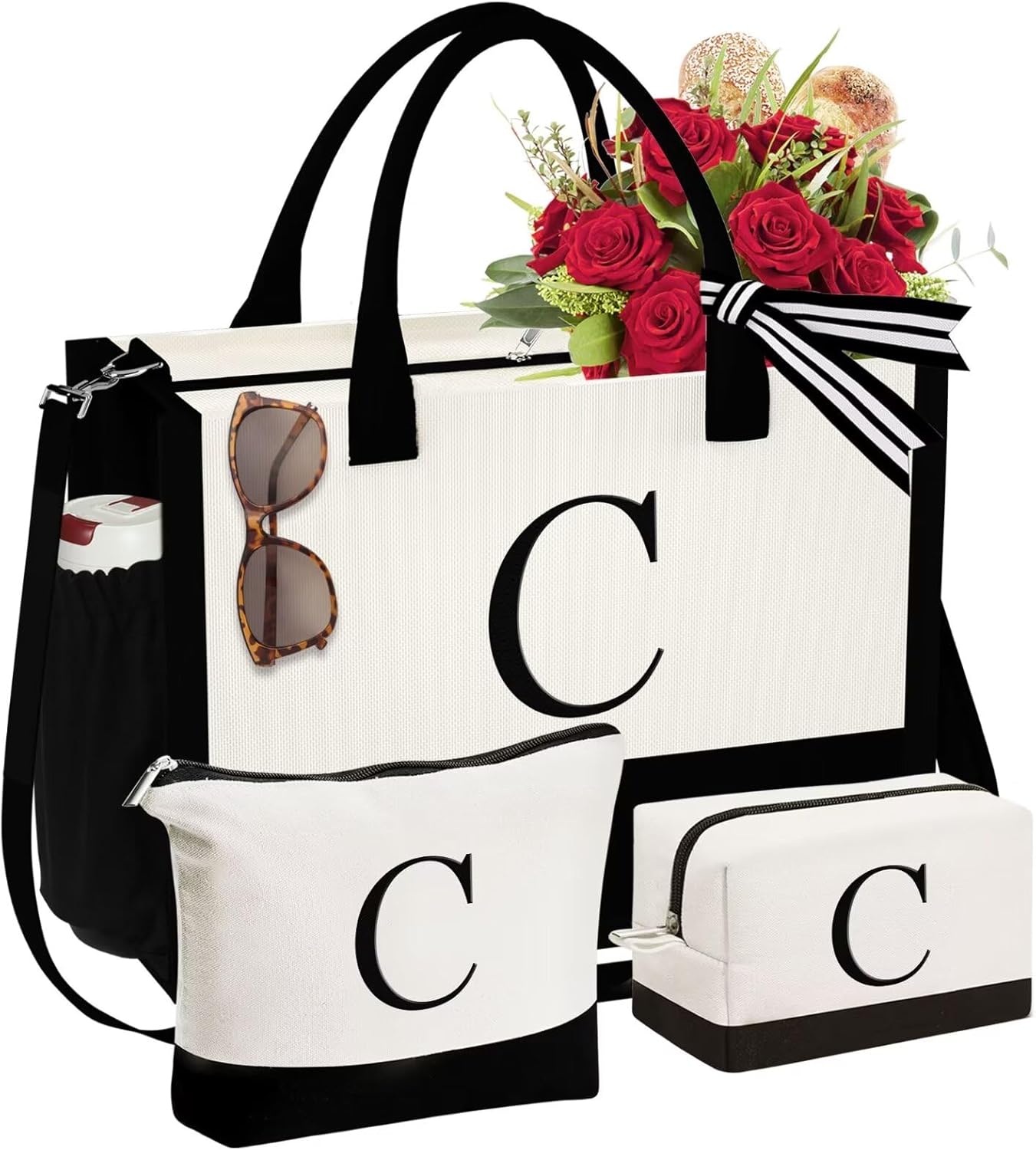 Personalized Initial Canvas Tote Bag & Makeup Bag Set for Women