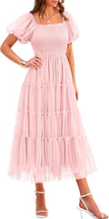 Smocked Midi Tulle Dress - Flowy Tiered Summer Party Dress