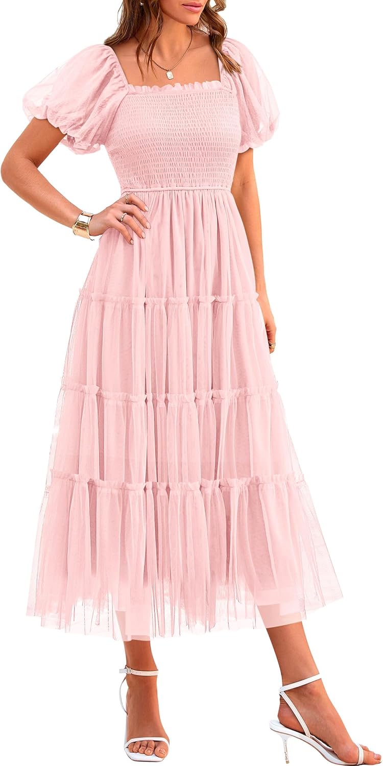 PRETTYGARDEN Women's Smocked Midi Tulle Dress for Summer Events