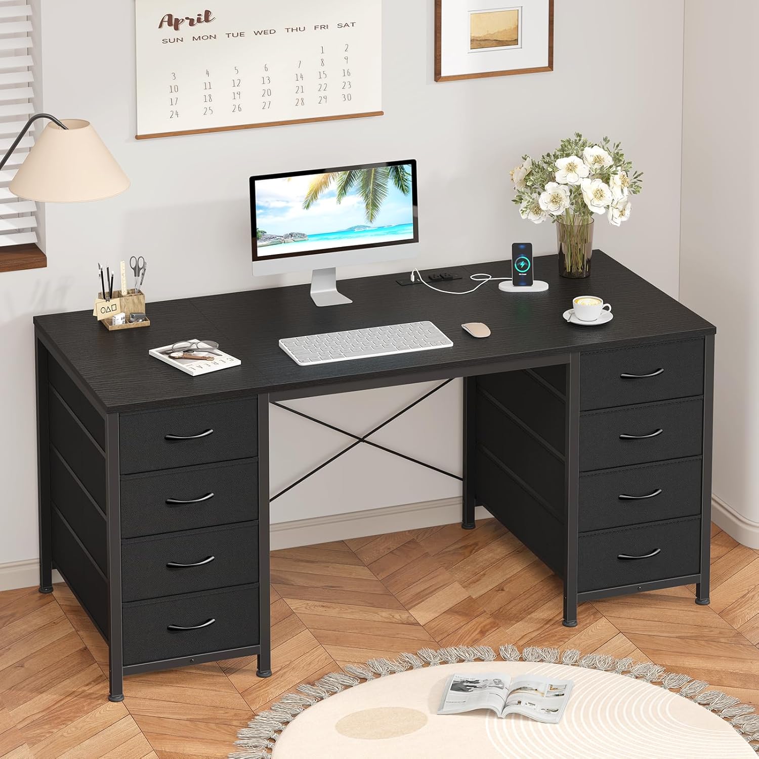 50 Inch Computer Desk with 8 Drawers and Power Outlets