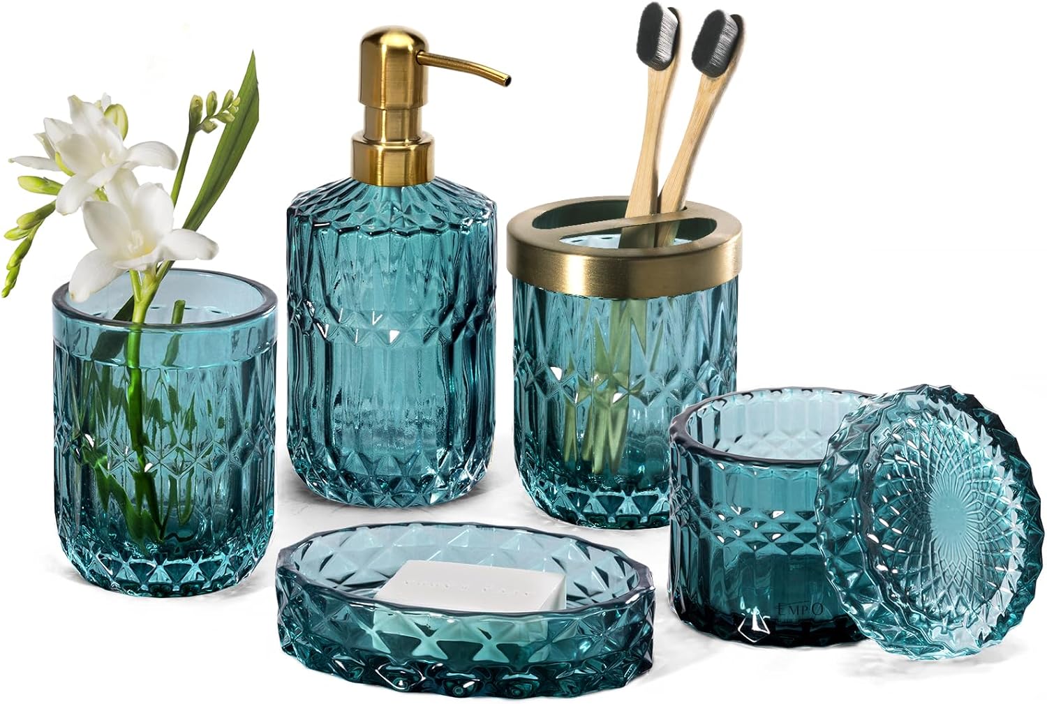 EMPO 6PCS Bathroom Clear Glass Accessories Set in Ocean Teal Blue