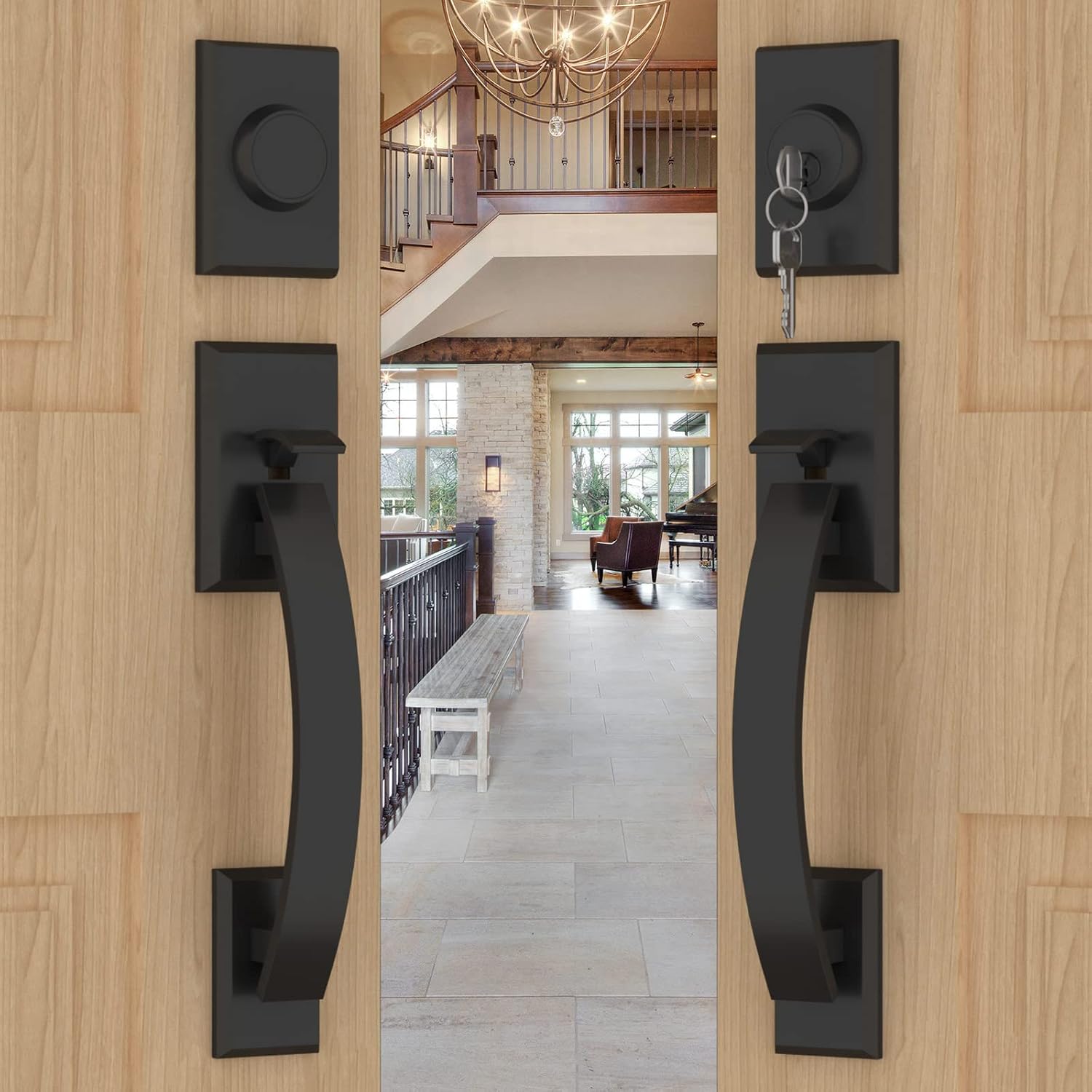 Matte Black Double Front Door Lock Set for Stylish Security
