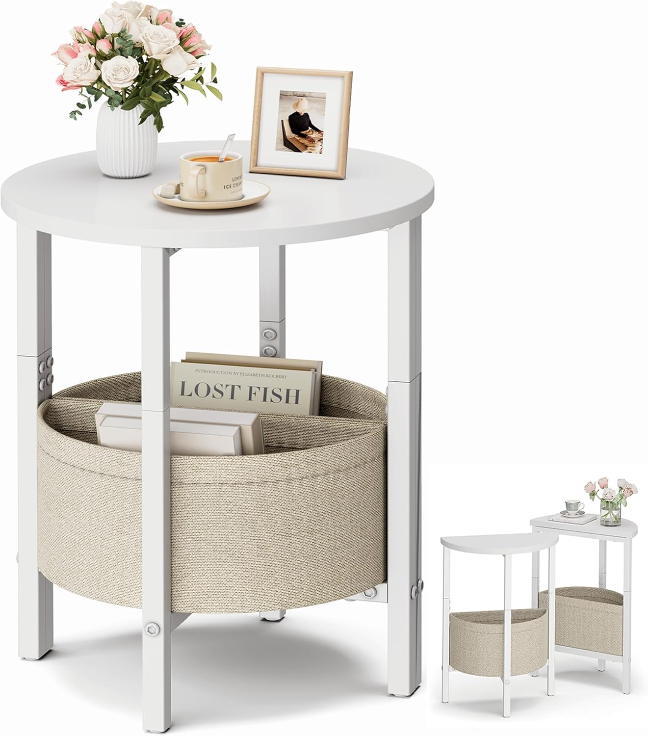 Vagusicc Small Round End Table Set of 2 with Storage Basket