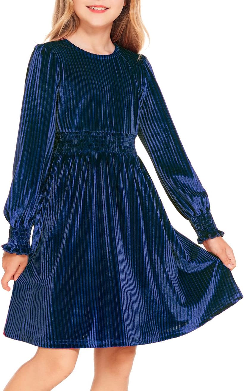 Arshiner Girls Long Sleeve Velvet Midi Dress for Kids 4-13Y