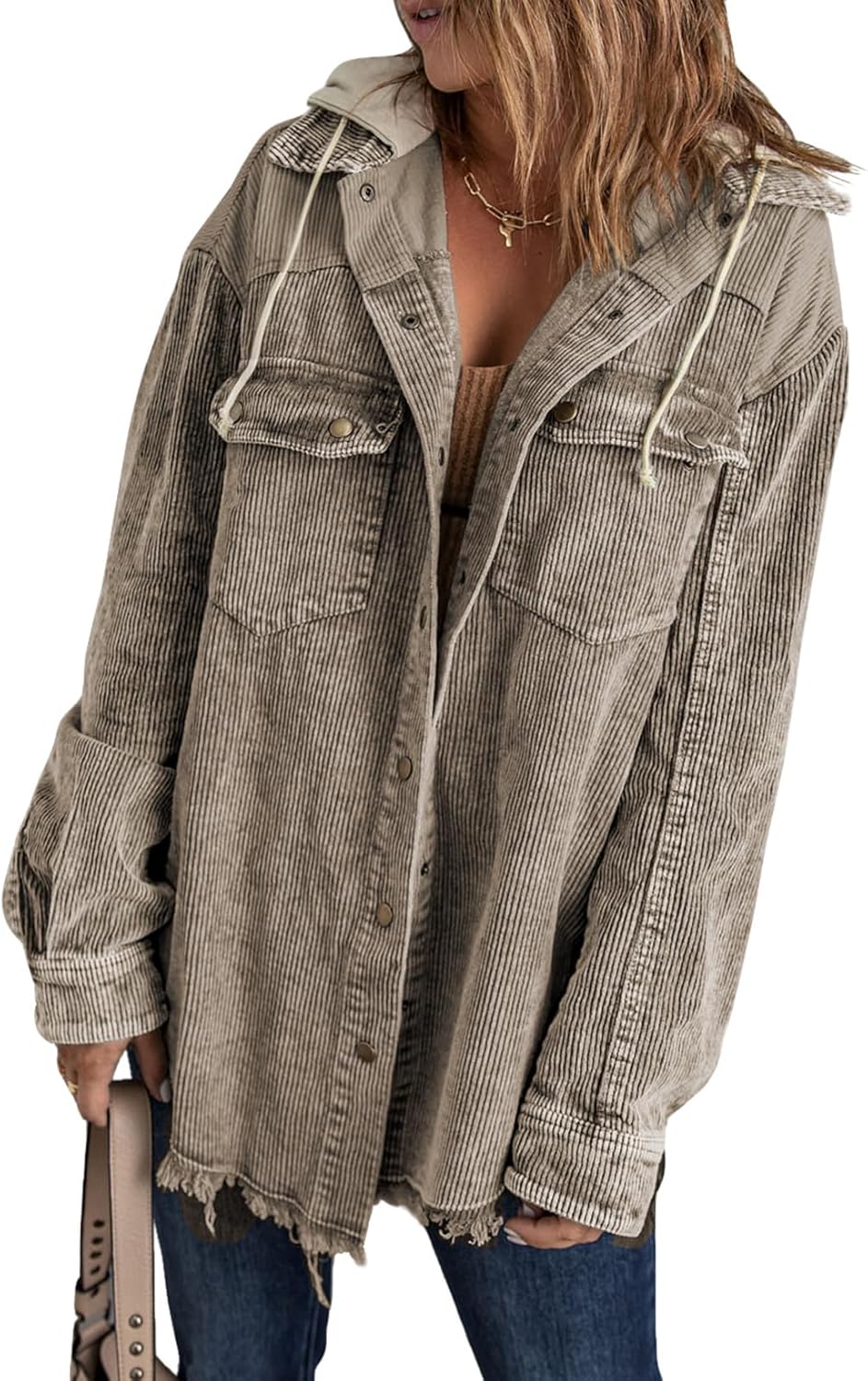 Dokotoo Womens Fall Corduroy Shacket Jacket with Hood and Pockets