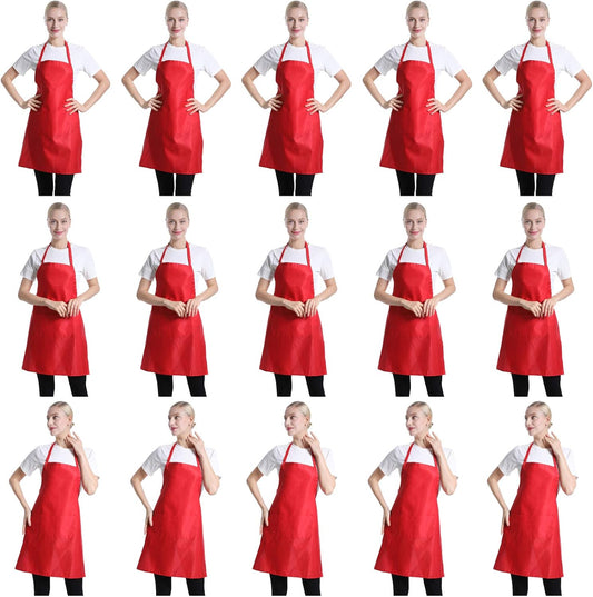 Red Plain Bib Aprons Bulk for Adults with 2 Front Pockets