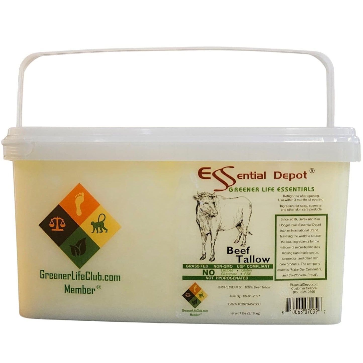 Grass Fed Beef Tallow - 7 lbs Non-GMO Food Grade Container