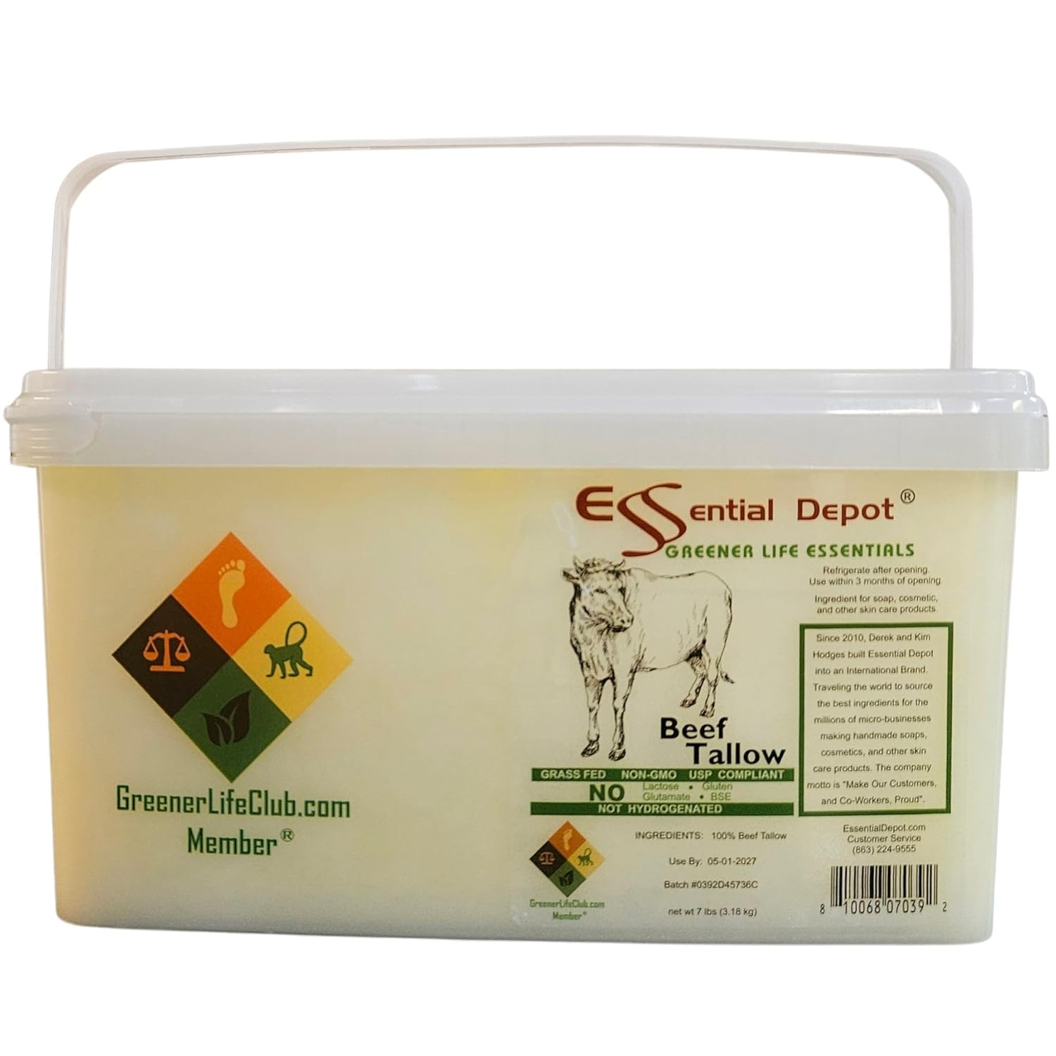 Grass Fed Beef Tallow - 7 lbs Non-GMO Food Grade Container