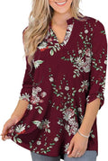 Womens Floral Printed Tunic Tops 3/4 Roll Sleeve V Neck Blouses