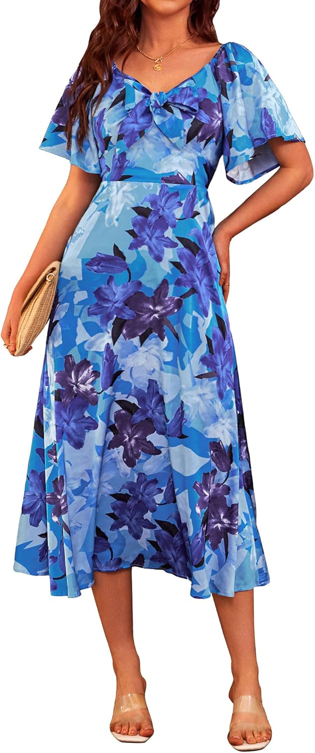 Fashionme Womens Dresses 2025 Elegant Floral Satin Maxi Dress