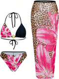 ZAFUL Womens 3pcs Swimsuit Floral Halter Triangle Bikini Set