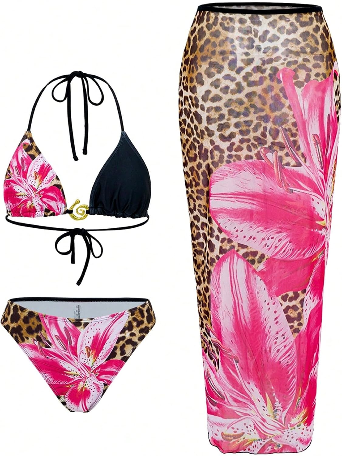 ZAFUL Womens 3pcs Swimsuit Floral Halter Triangle Bikini Set